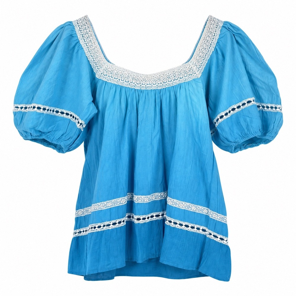 Top Sz L %100 Cotton Gauze Lace Peasant Fairy Cottage Puff Sleeve Coquette Boho